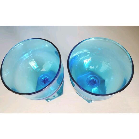 Vintage 1970s MCM Anchor Hocking Flair Laser Blue Footed Wine Glasses Set of 2 - Picture 4 of 9